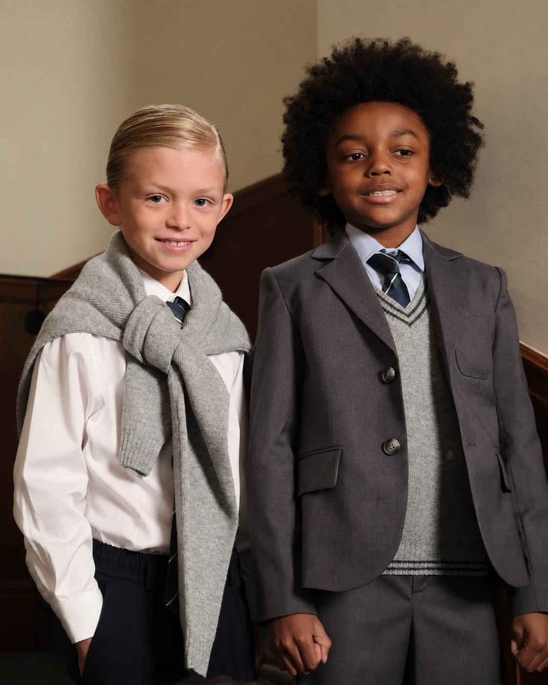 Two students wearing coordinated grey school uniforms
